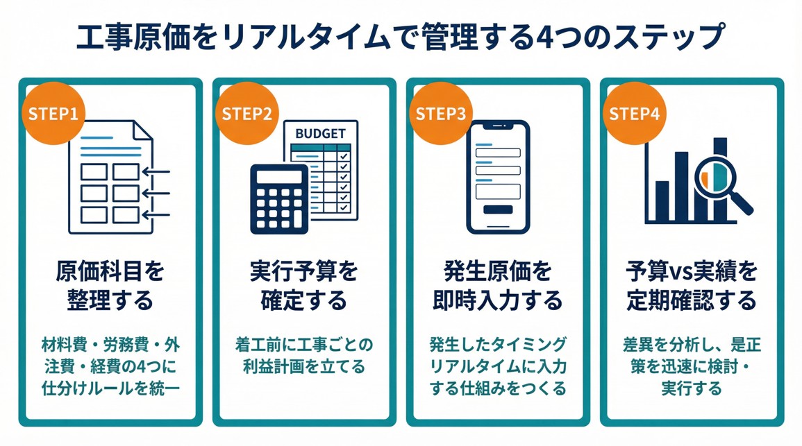 工事原価をリアルタイムで管理する４つのステップ
