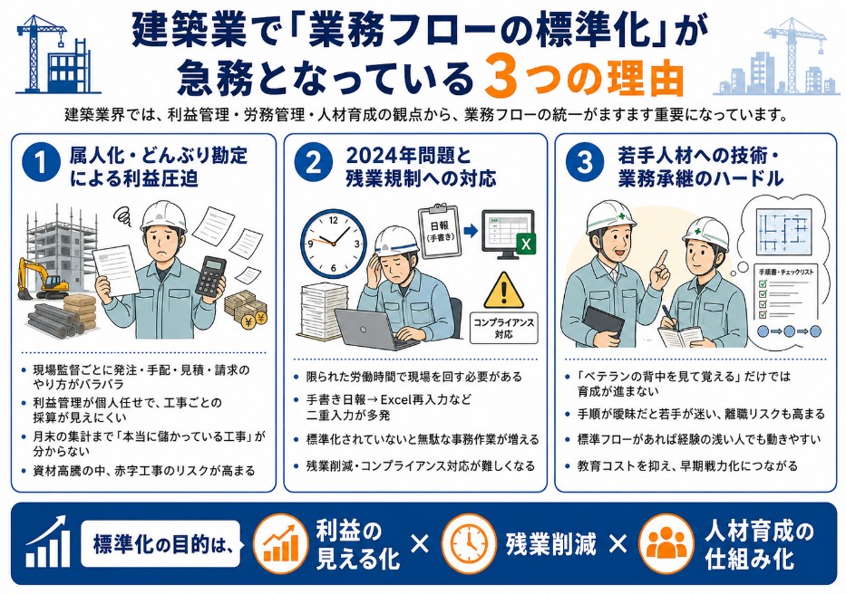 建築業で「業務フローの標準化」が急務となっている3つの理由