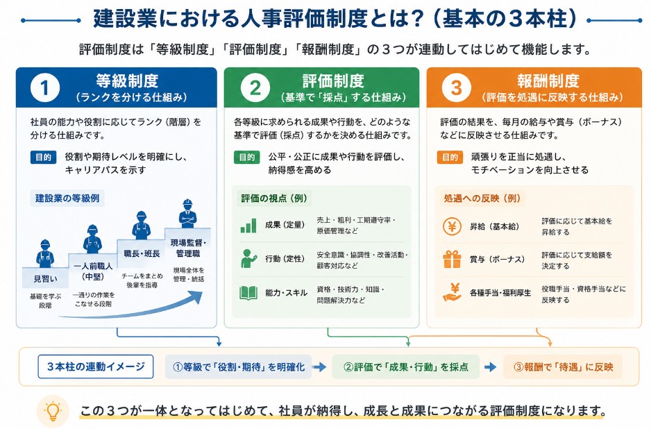 建設業における人事評価制度とは？（基本の3本柱）
