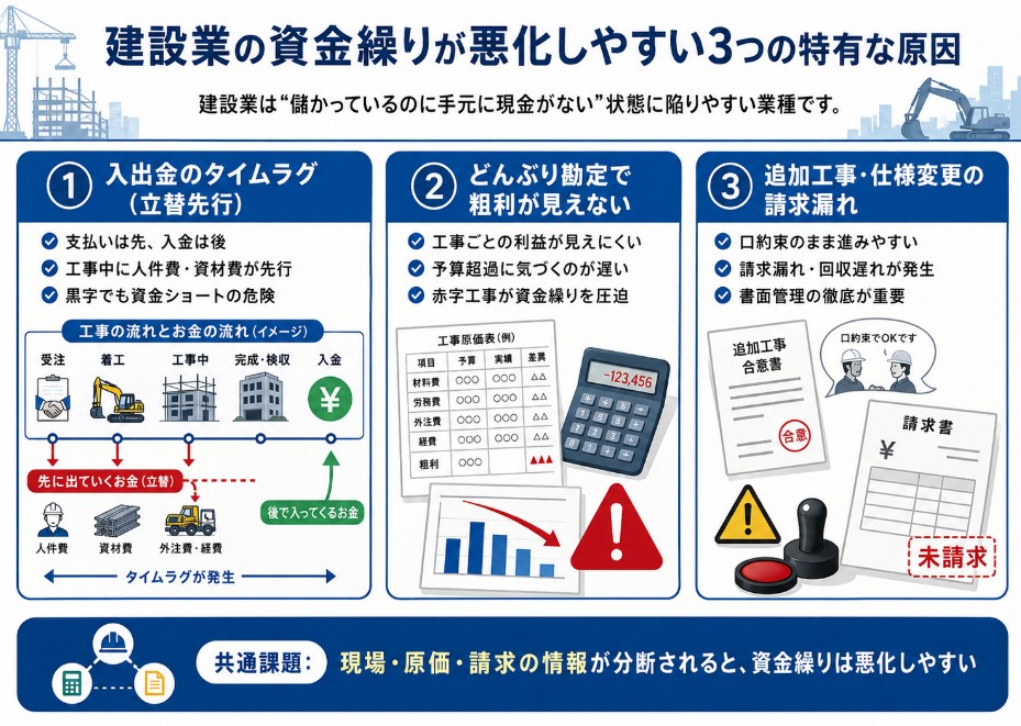 建設業の資金繰りが悪化しやすい3つの特有な原因