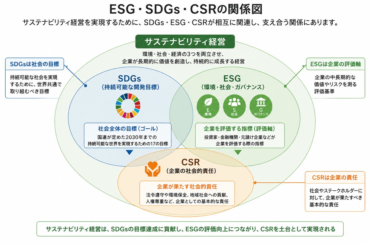 ESG・SDGs・CSRの関係図
