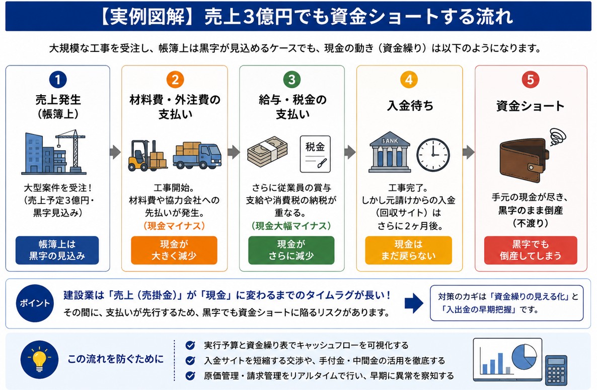 建設業向け倒産防止チェックシート｜黒字倒産の流れ
