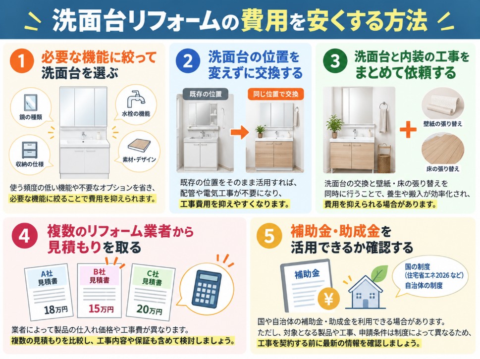 洗面台リフォームの費用を安くする方法