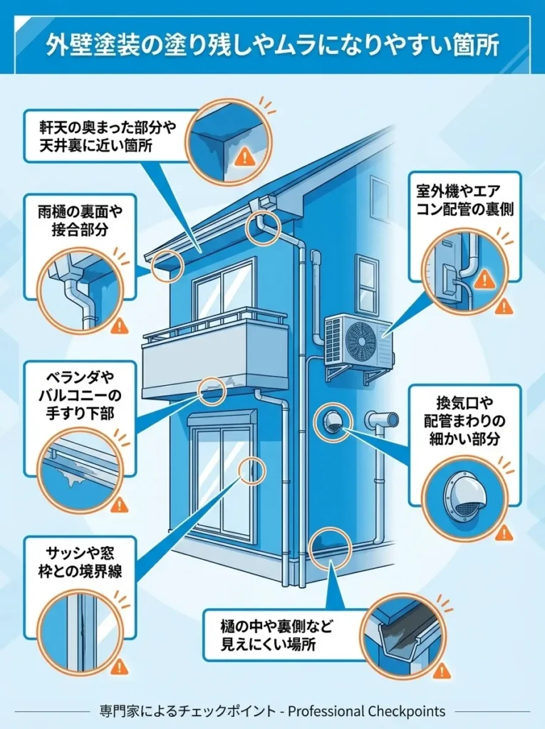 塗り残しや色ムラが発生しやすい箇所