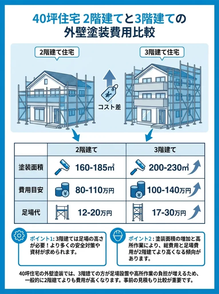 40坪の住宅でも、2階建てと3階建てでは外壁塗装の費用