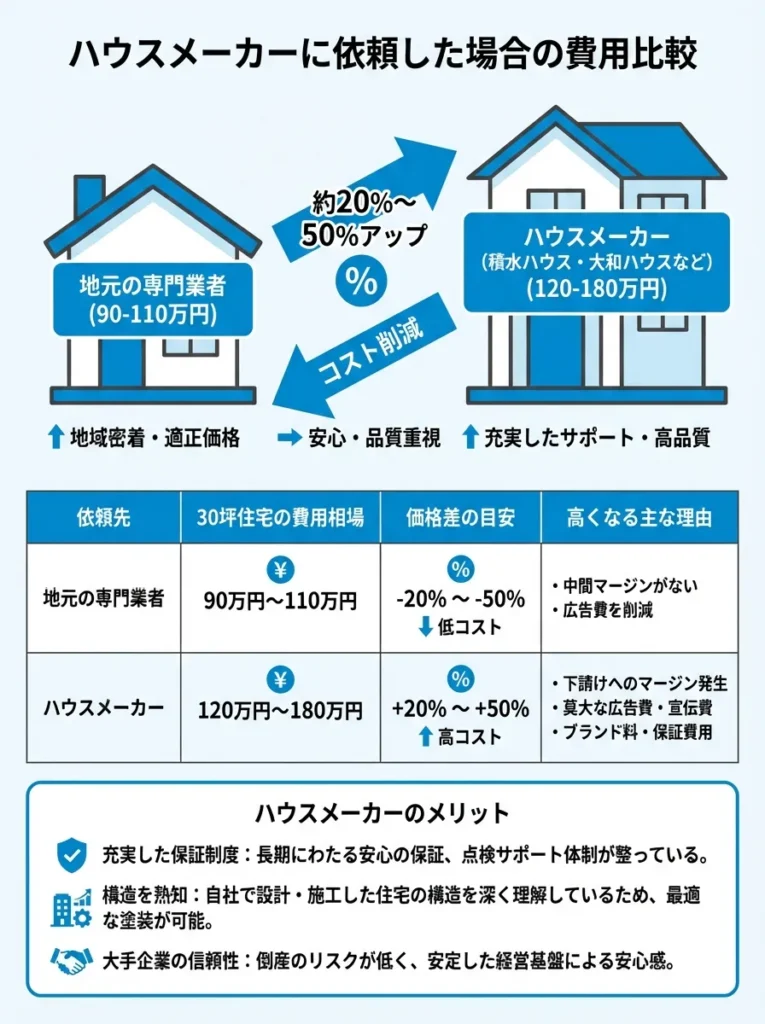 積水ハウスやダイワハウスなどの大手ハウスメーカーに外壁塗装を依頼すると、地域密着型の塗装専門業者と比較して20%から50%高くなることが一般的
