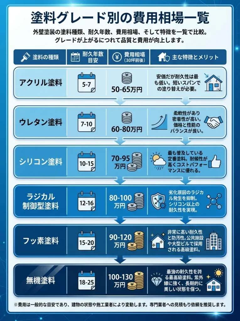 主要な塗料グレード別の30坪住宅における費用相場