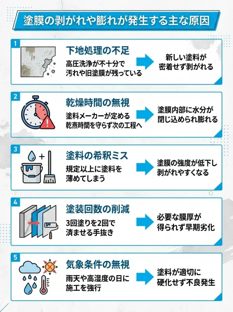 塗膜の剥がれや膨れが発生する主な原因
