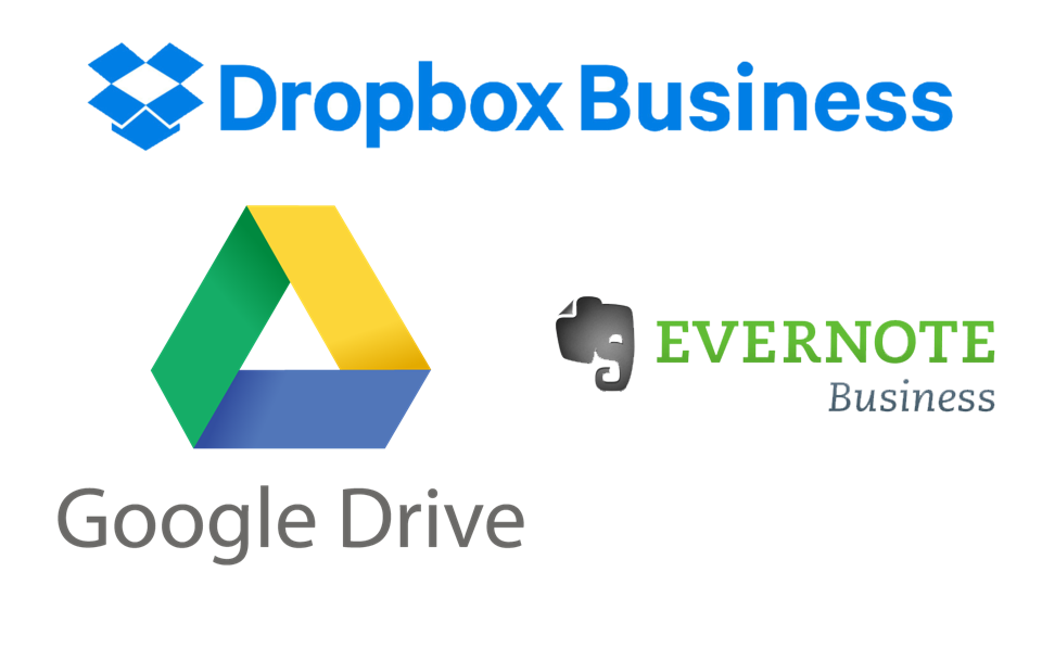 オンラインストレージサービス「Googleドライブ」「Dropbox」「Evernote」各社ロゴ